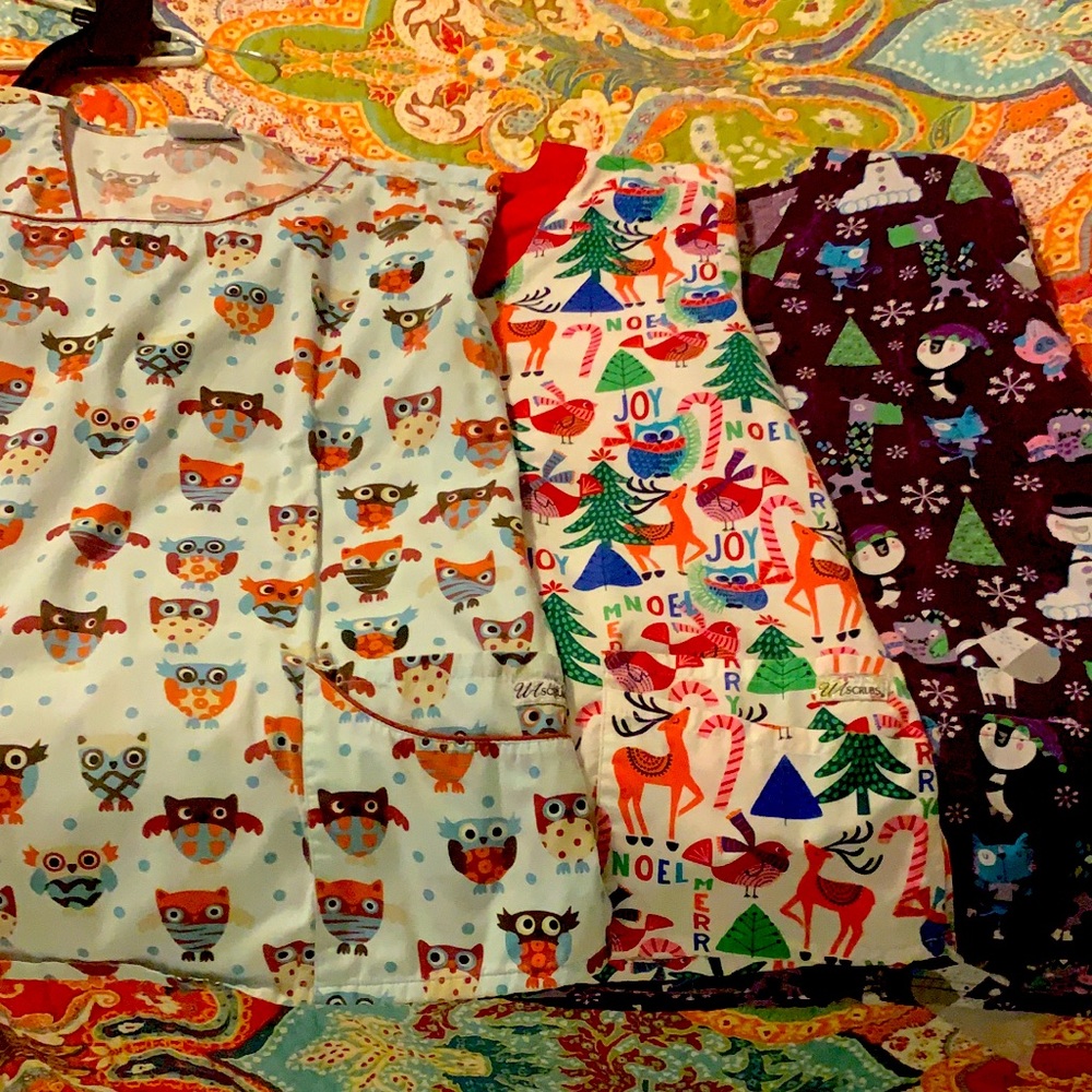 Get ready for the holidays with this set of scrub tops 2 Christmas and one fall